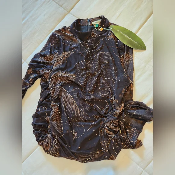 Farm Rio Black Golden Foliage Tulle Midi Dress - Picture 10 of 15